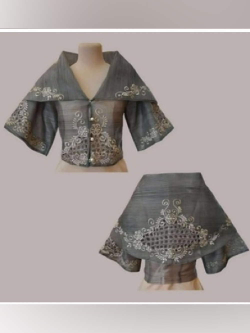 Embroidered Slate Gray Crop Blouse with Wide Collar